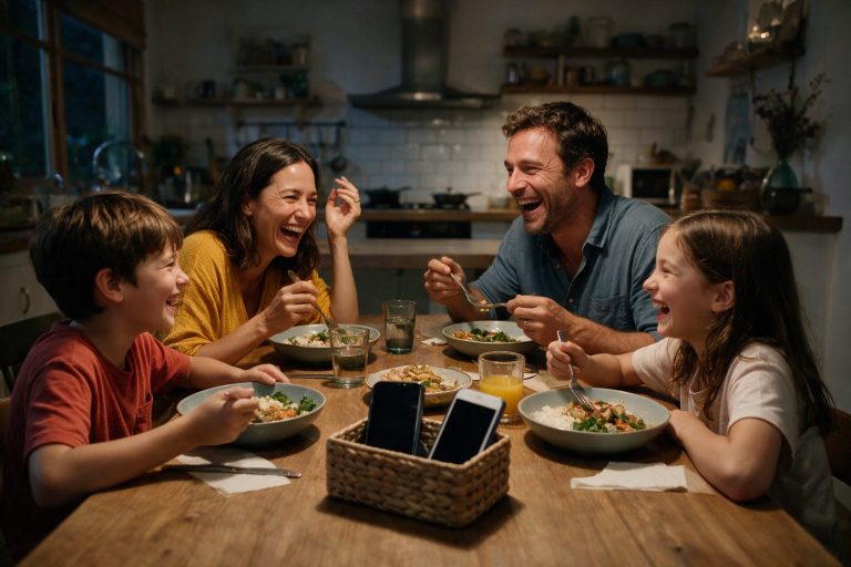 Telefonları sepete koyup akşam yemeğinde sohbet eden mutlu aile