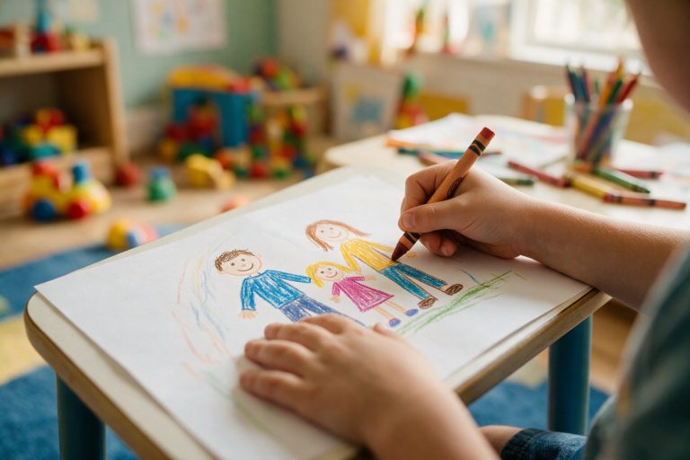 Çocuk resim analizi için boya kalemiyle aile resmi çizen çocuk