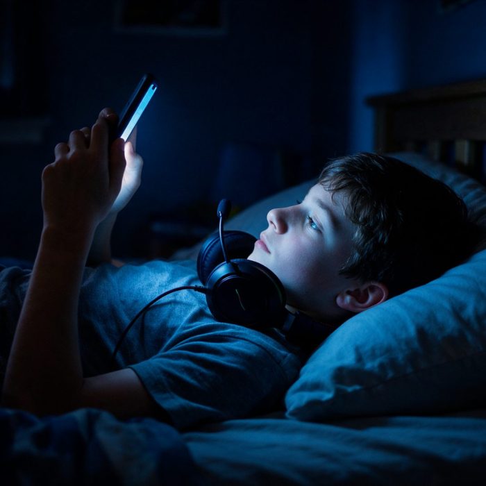 Gece yatağında telefon kullanan ergen, ekran bağımlılığı